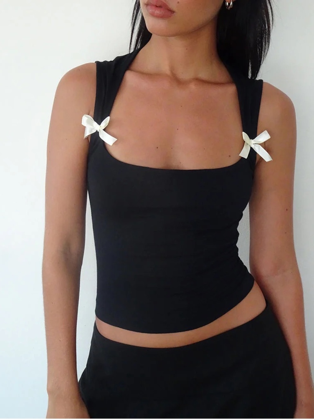 Motel Rocks Black Tank Top with Ivory Bow Straps